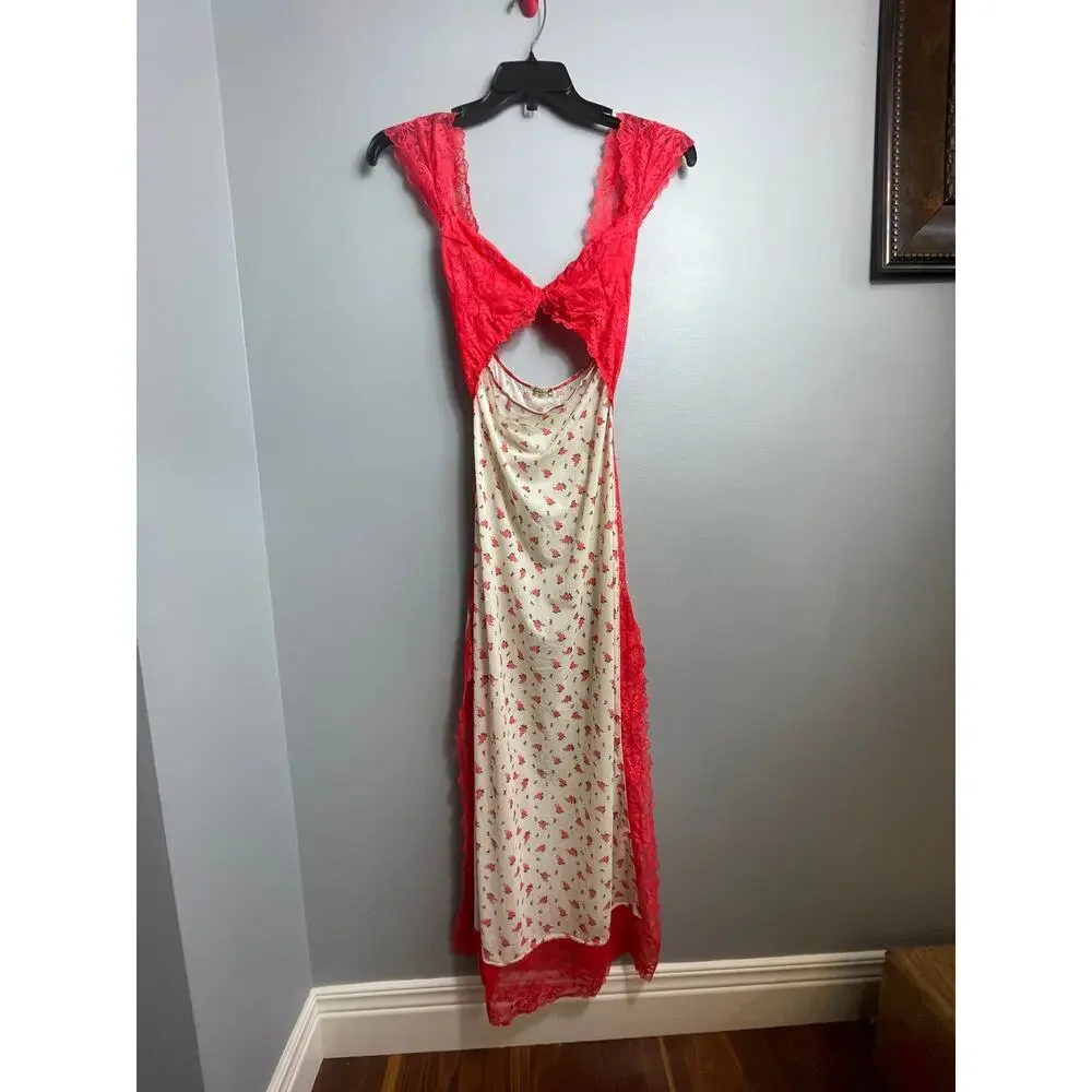 Free People Intimately Suddenly Fine Maxi Slip Dress Tea Combo Floral Lace  [s]